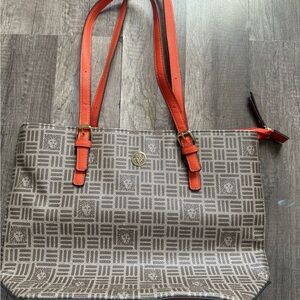 Anne Klein Geometric Brown Tote with Red Straps